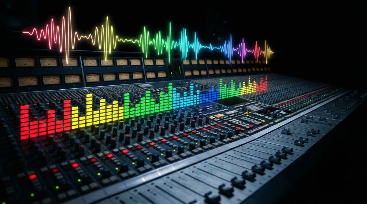 专业混音台控制面板与 影视音效 频谱显示